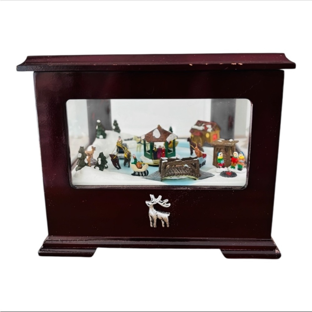 Mr. Christmas Holiday Wooden Music Box Displaying a Winter Skating Village